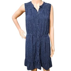Wmns Navy Blue Striped Button Front Dress M Sleeveless Linen Beach Coastal Chic